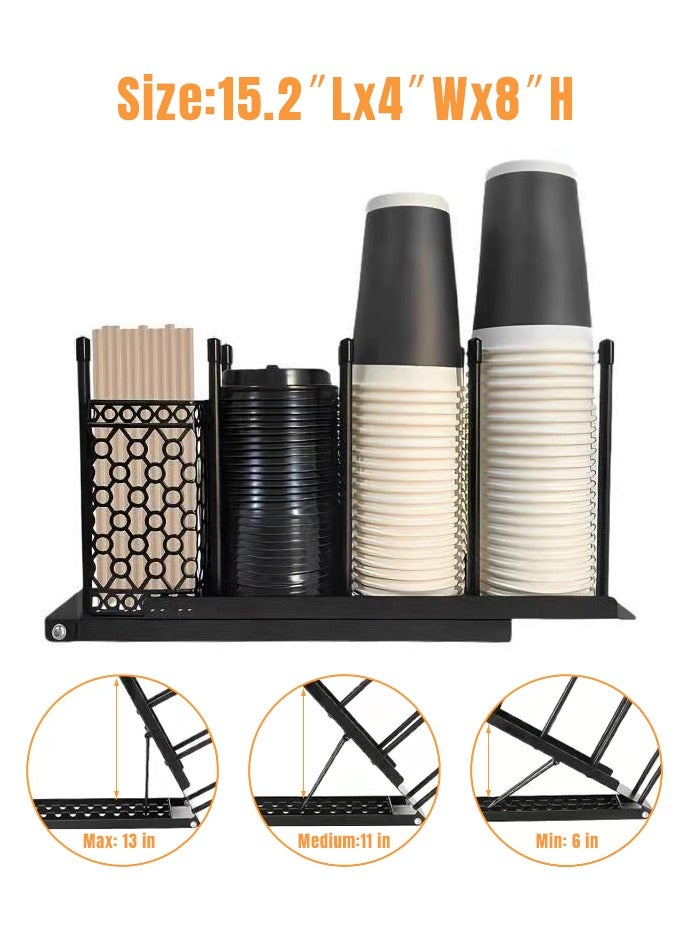 Cup and Lid Holder - Adjustable Coffee Cup Holder Organizer 4 Compartment Disposable Cup Dispenser with Mesh Basket for Coffee Pod Straw Storage Metal (Black) - Image 5