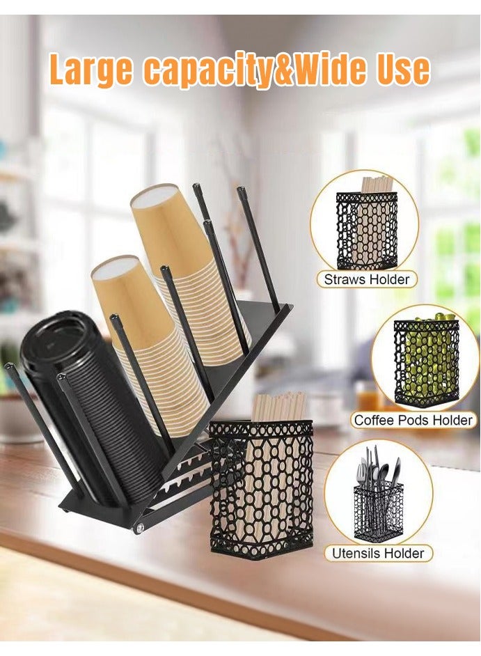 Cup and Lid Holder - Adjustable Coffee Cup Holder Organizer 4 Compartment Disposable Cup Dispenser with Mesh Basket for Coffee Pod Straw Storage Metal (Black) - Image 4