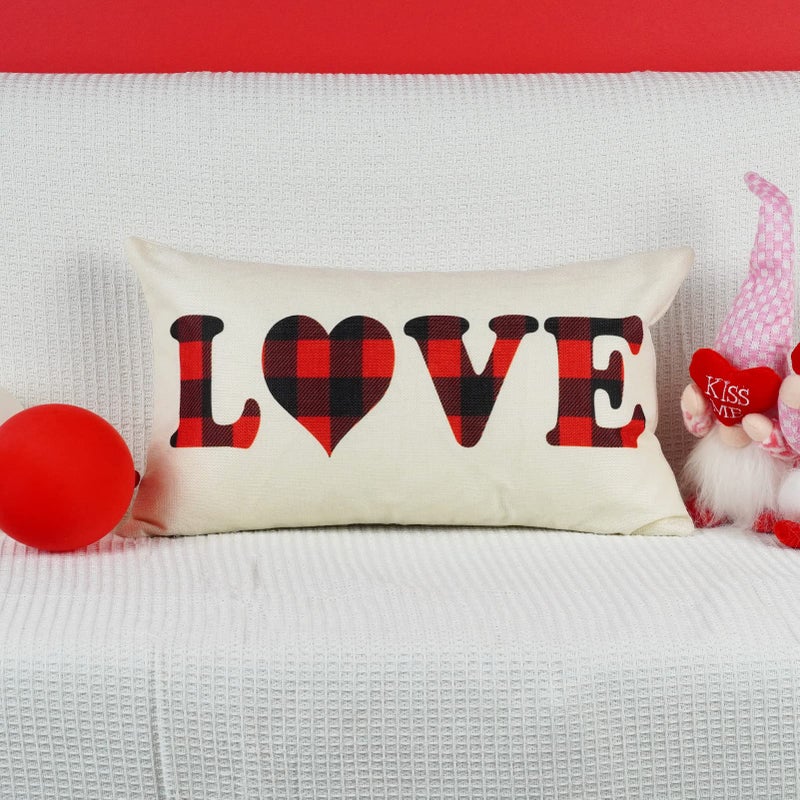 ONWAY Valentines Day Lumbar Pillow Cover 12x20 Farmhouse Red Black Buffalo Plaid Check Love Heart Decorative Throw Cushion Case for Sofa Couch Home Decor Set of 2 - Image 4