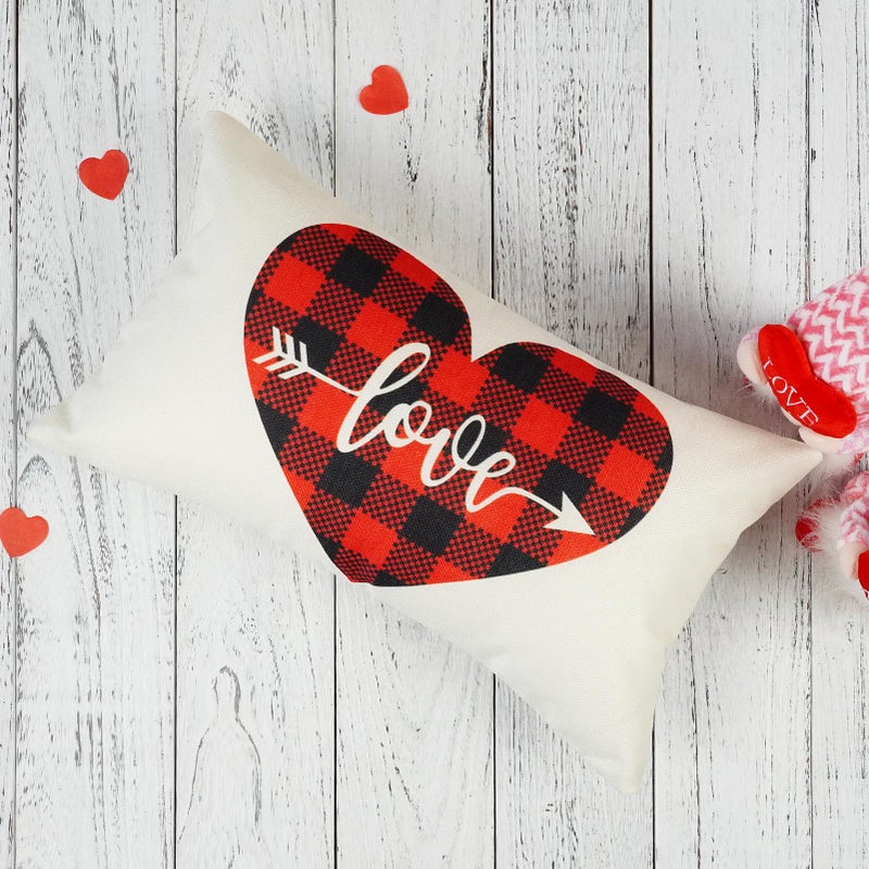 ONWAY Valentines Day Lumbar Pillow Cover 12x20 Farmhouse Red Black Buffalo Plaid Check Love Heart Decorative Throw Cushion Case for Sofa Couch Home Decor Set of 2 - Image 3