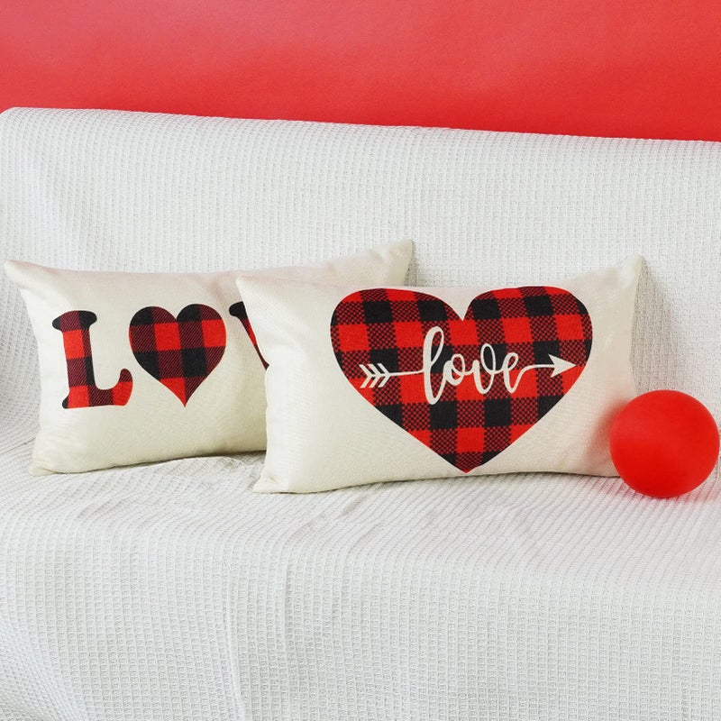 ONWAY Valentines Day Lumbar Pillow Cover 12x20 Farmhouse Red Black Buffalo Plaid Check Love Heart Decorative Throw Cushion Case for Sofa Couch Home Decor Set of 2 - Image 2