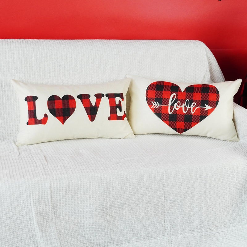 ONWAY Valentines Day Lumbar Pillow Cover 12x20 Farmhouse Red Black Buffalo Plaid Check Love Heart Decorative Throw Cushion Case for Sofa Couch Home Decor Set of 2 - Image 5