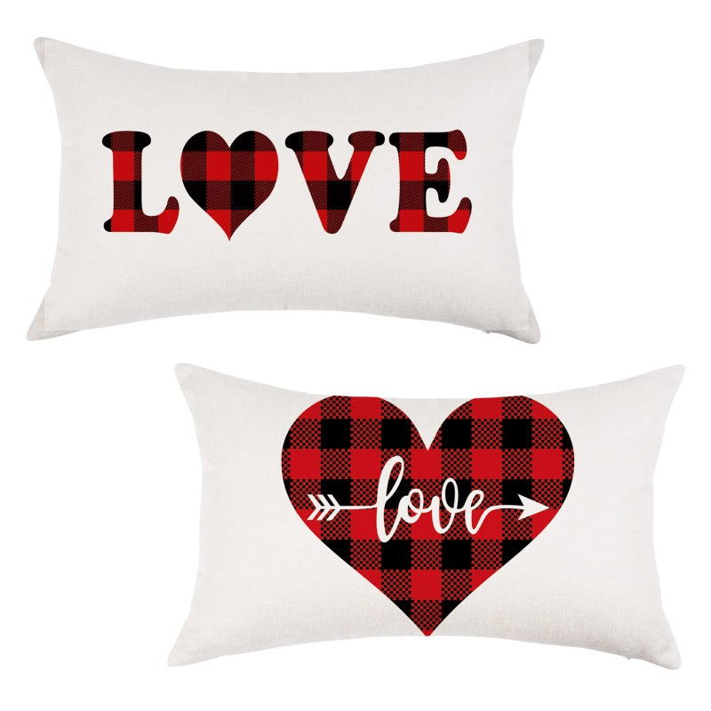ONWAY Valentines Day Lumbar Pillow Cover 12x20 Farmhouse Red Black Buffalo Plaid Check Love Heart Decorative Throw Cushion Case for Sofa Couch Home Decor Set of 2 - Image 1