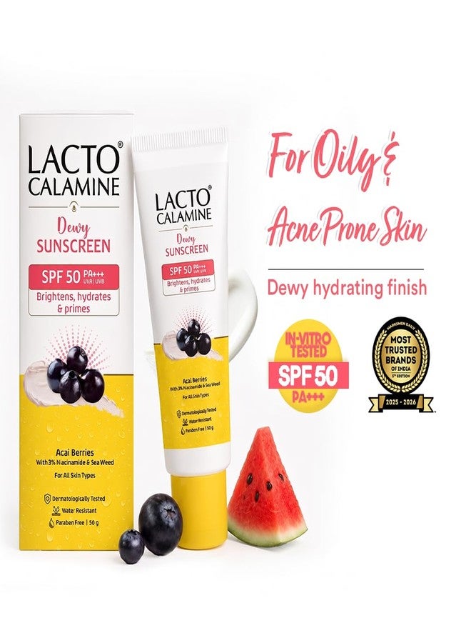 Lacto Calamine Dewy Glow Lightweight Sunscreen SPF 50 PFA +++ UVA & UVB Protection-Oily Skin | Acai Berries, Niacinamide & Watermelon | Dermatologically Tested | 50g - Image 1