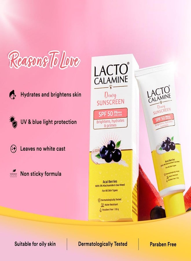 Lacto Calamine Dewy Glow Lightweight Sunscreen SPF 50 PFA +++ UVA & UVB Protection-Oily Skin | Acai Berries, Niacinamide & Watermelon | Dermatologically Tested | 50g - Image 4