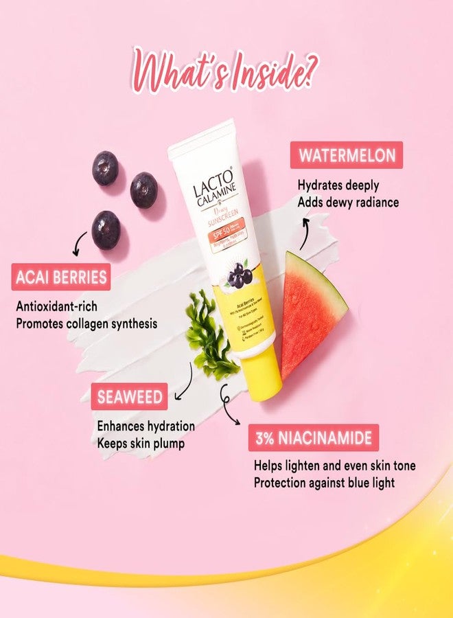 Lacto Calamine Dewy Glow Lightweight Sunscreen SPF 50 PFA +++ UVA & UVB Protection-Oily Skin | Acai Berries, Niacinamide & Watermelon | Dermatologically Tested | 50g - Image 3