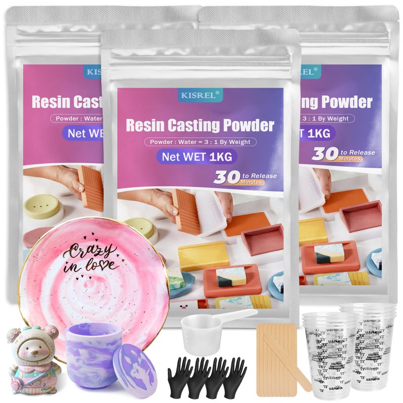 KISREL Resin Casting Powder 3000g (Packaging Upgrade), 20~30 Minutes Demold, Water Activated Plaster Powder for Craft Casting, Easy Mixing and Self Leveling - Image 1
