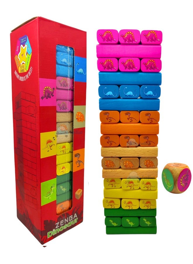 فنبلاست ألعاب مكعبات برج التكديس من فن بلاست - مكعبات برج خشبية متدحرجة، لعبة برج التكديس على شكل ديناصور مع نرد للأطفال، مكعبات بناء للأطفال - 54 قطعة - Image 3