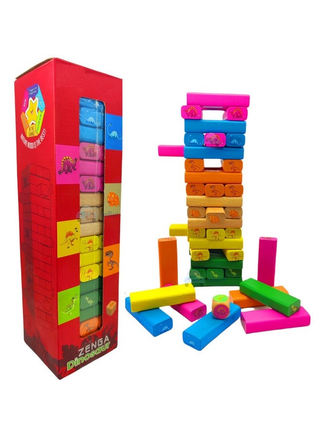 فنبلاست ألعاب مكعبات برج التكديس من فن بلاست - مكعبات برج خشبية متدحرجة، لعبة برج التكديس على شكل ديناصور مع نرد للأطفال، مكعبات بناء للأطفال - 54 قطعة - Image 2