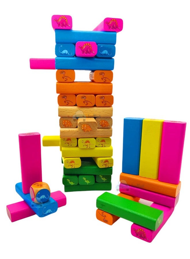 فنبلاست ألعاب مكعبات برج التكديس من فن بلاست - مكعبات برج خشبية متدحرجة، لعبة برج التكديس على شكل ديناصور مع نرد للأطفال، مكعبات بناء للأطفال - 54 قطعة - Image 4