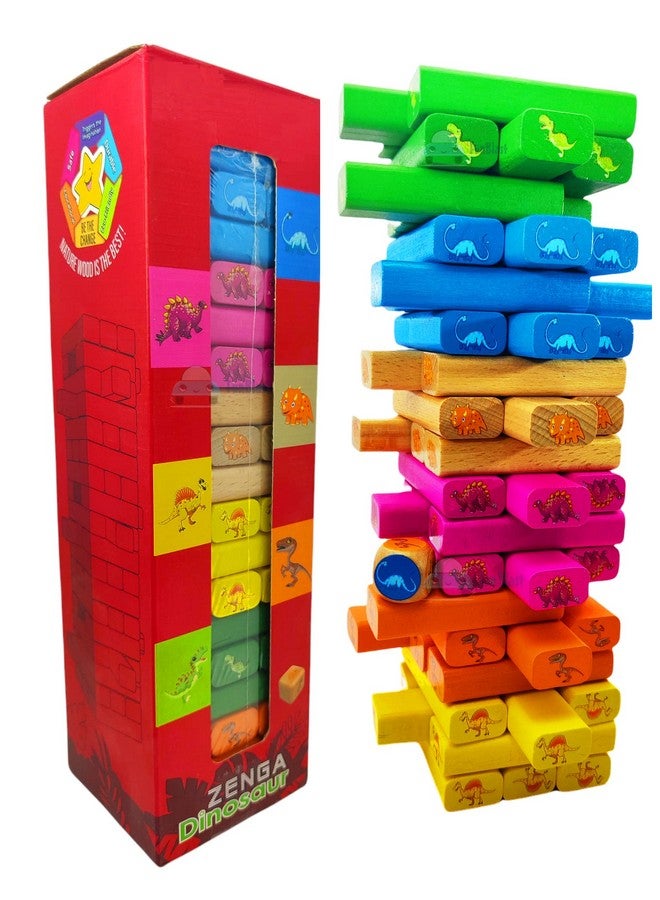فنبلاست ألعاب مكعبات برج التكديس من فن بلاست - مكعبات برج خشبية متدحرجة، لعبة برج التكديس على شكل ديناصور مع نرد للأطفال، مكعبات بناء للأطفال - 54 قطعة - Image 1