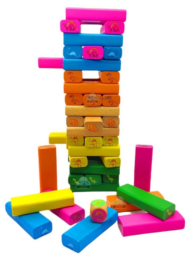 فنبلاست ألعاب مكعبات برج التكديس من فن بلاست - مكعبات برج خشبية متدحرجة، لعبة برج التكديس على شكل ديناصور مع نرد للأطفال، مكعبات بناء للأطفال - 54 قطعة - Image 5