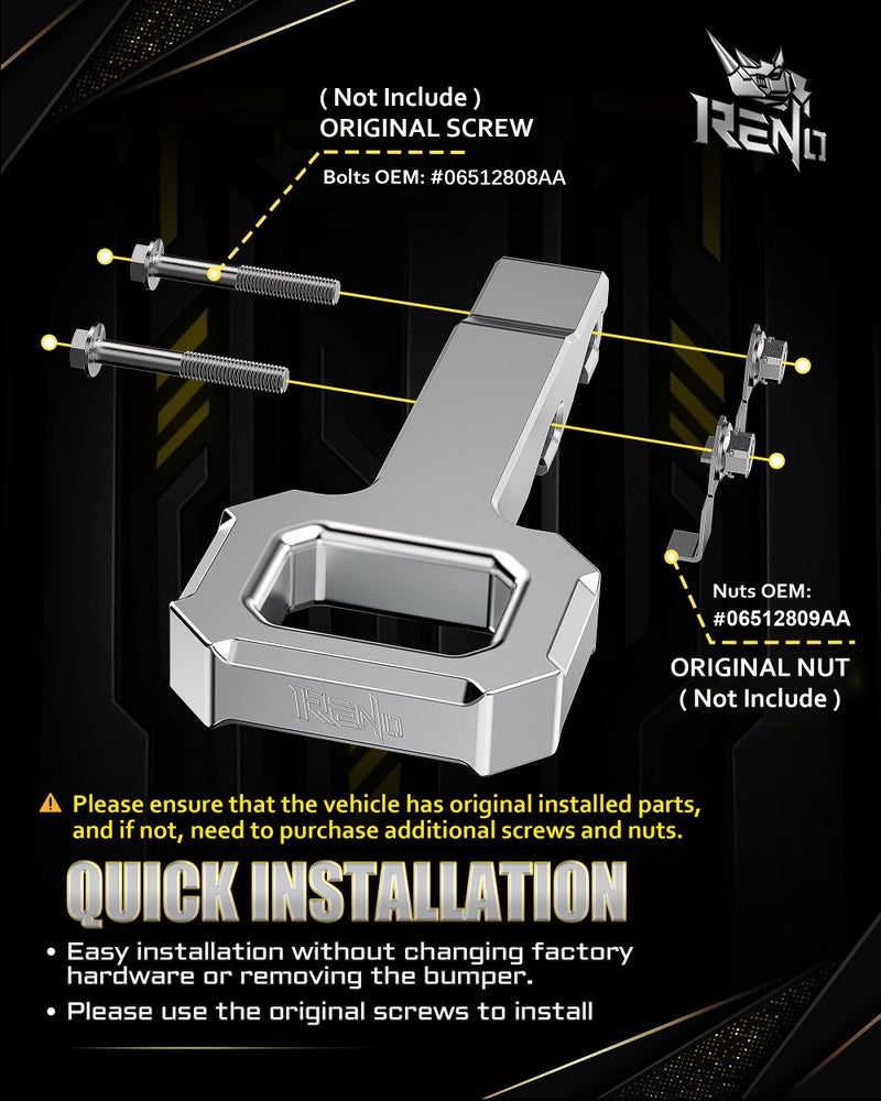 RENO Aluminum Front Tow Hooks, Heavy Duty D-Ring Shackle Compatible with 2019-2026 Ram 2500/3500 Truck Recovery - Replace OEM 68360942AC/AA/AB, 68349551AD/AA/AB/AC (Set of 2) - Image 3