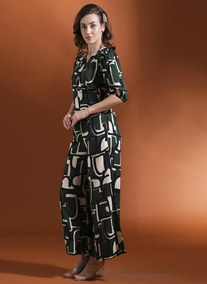 Globus Women Green Printed V-Neck Top With Palazzo - Image 3