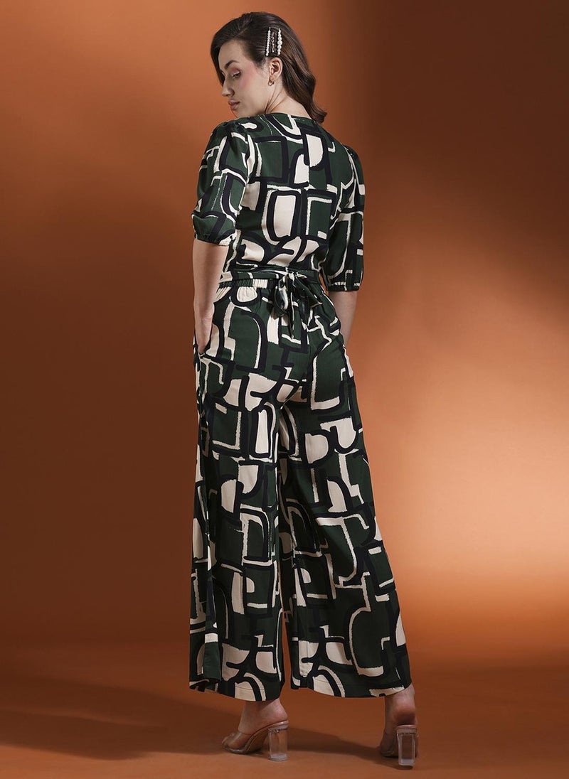 Globus Women Green Printed V-Neck Top With Palazzo - Image 4