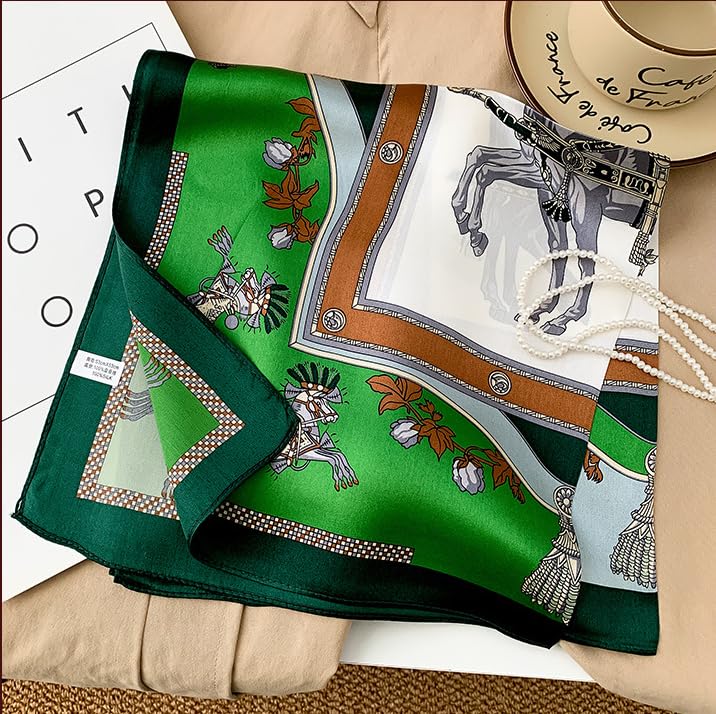 MEISEE Mulberry Silk Scarfs Women Small Square Scarf 21" x 21" Breathable Lightweight Neckerchief Headscarf (White and Green Wagon) - Image 3