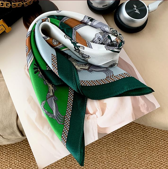 MEISEE Mulberry Silk Scarfs Women Small Square Scarf 21" x 21" Breathable Lightweight Neckerchief Headscarf (White and Green Wagon) - Image 4