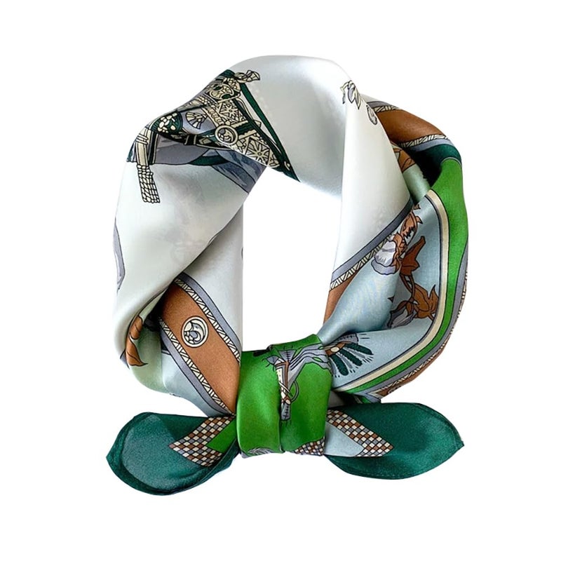 MEISEE Mulberry Silk Scarfs Women Small Square Scarf 21" x 21" Breathable Lightweight Neckerchief Headscarf (White and Green Wagon) - Image 1