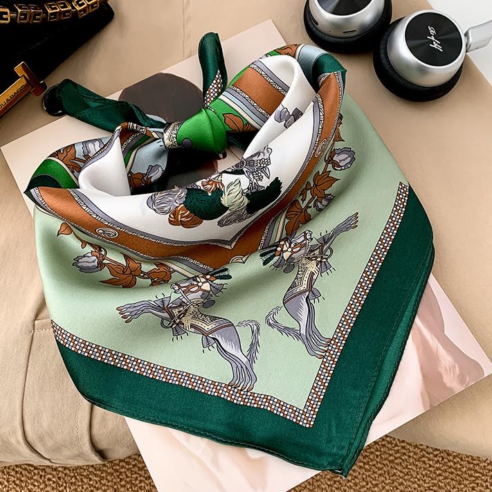 MEISEE Mulberry Silk Scarfs Women Small Square Scarf 21" x 21" Breathable Lightweight Neckerchief Headscarf (White and Green Wagon) - Image 2