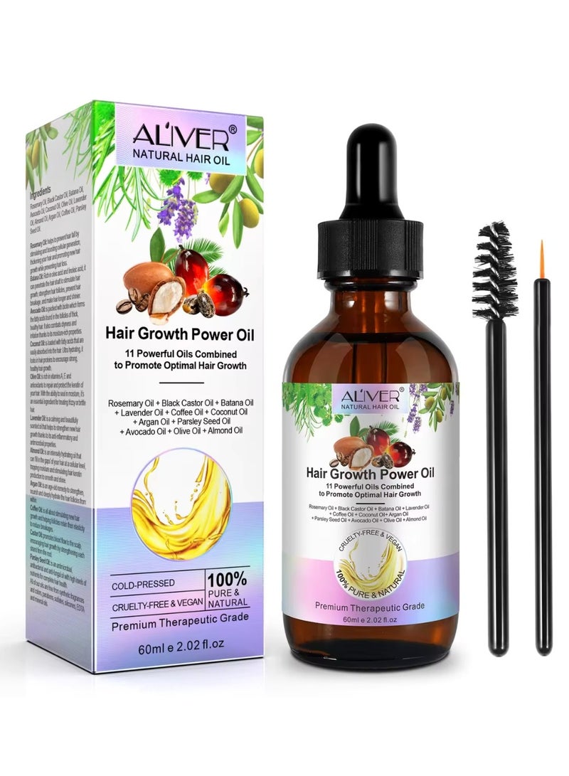 ALIVER 60ml Hair Growth Power Oil 11 in 1 Hair Growth Oil with Rosemary & Batana Oil for Thin Hair Repair Damaged Hair Nourishes Thin Hair Scalp Skin and Loss Hair Growth Fit for All Hair Types - Image 1