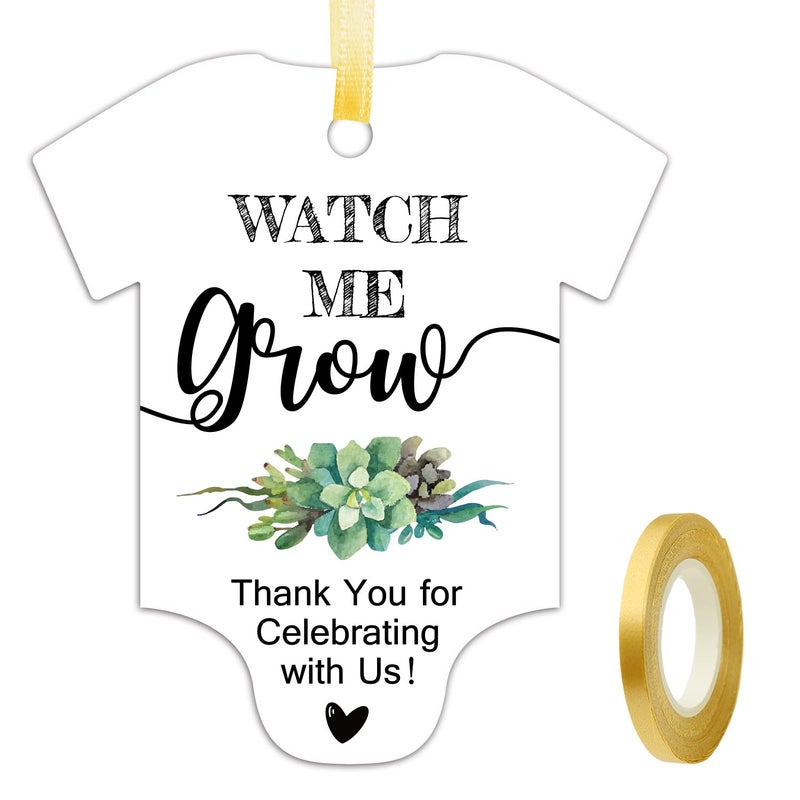 EKSPLODI Watch Me Grow Tags for Baby Shower Succulents Baby Shower Thank You Tags Baby Shower Favor Tags 50 Pack with Golden Ribbon - Image 3