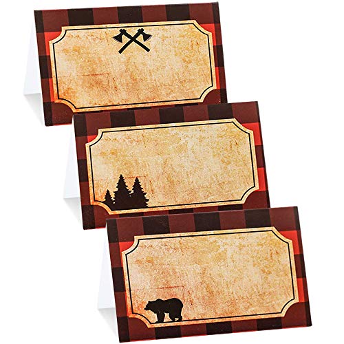 BCHOCKS Lumberjack Party Place Cards - Lumberjack Buffalo Plaid Food Tents and Food Labels Decorations, Woodland Baby Shower Party Supplies - Image 1