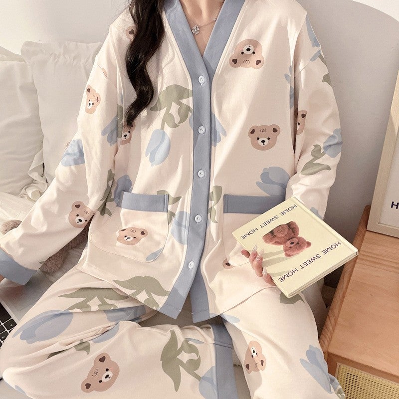 Spring Autumn Maternity Pajamas Nursing Nightwear 3301 blue rose bear 