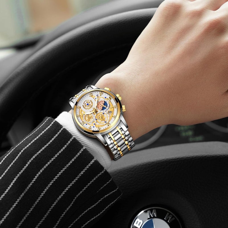 erorex Moon Phase Watch for Men, Multifunction Chronograph Dial Analog Quartz Wristwatch Luxury Diamond Business Dress Watch with Luminous Waterproof Calendar Stainless Steel Strap - Image 3