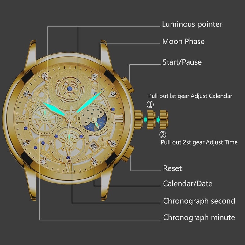 erorex Moon Phase Watch for Men, Multifunction Chronograph Dial Analog Quartz Wristwatch Luxury Diamond Business Dress Watch with Luminous Waterproof Calendar Stainless Steel Strap - Image 5