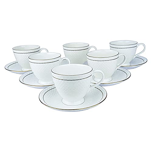 SkyKey Bone China Tableware Serving White Dotted Tea Coffee Cups Saucer Set 12 Pcs, 180 ML - Image 2
