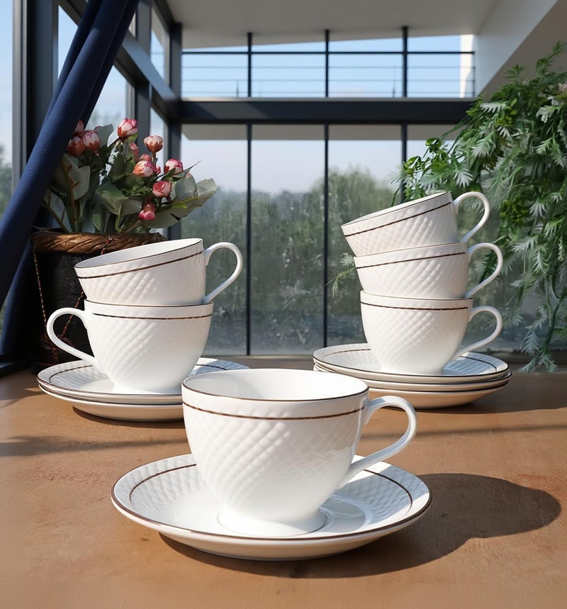 SkyKey Bone China Tableware Serving White Dotted Tea Coffee Cups Saucer Set 12 Pcs, 180 ML - Image 1