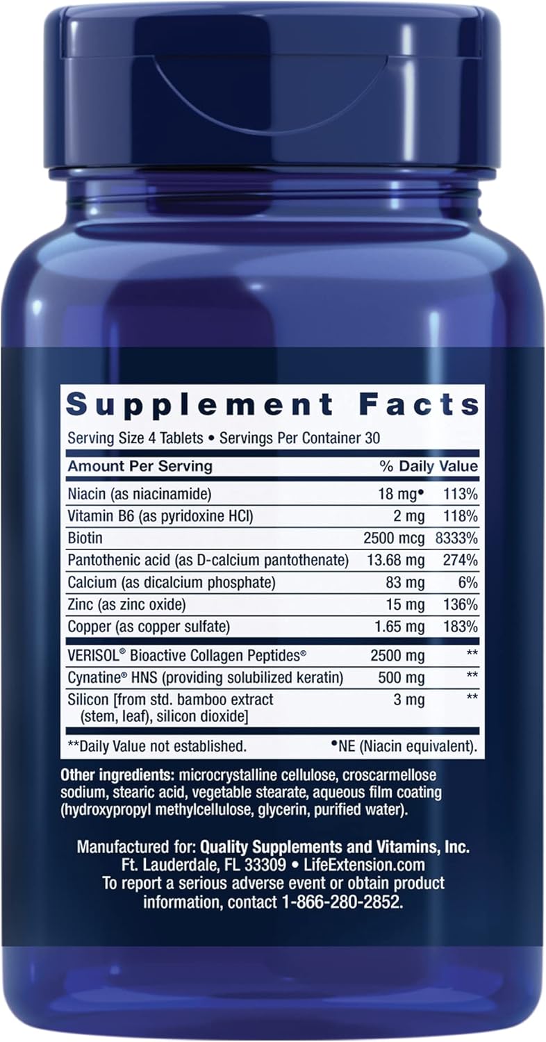 Life Extension صيغة كولاجين بلس لشعر البشرة والأظافر من لايف إكستينشن تعزز صحة الكولاجين والكراتين مع النياسين وفيتامين ب6 والبيوتين والكالسيوم والزنك غير المعدل وراثيًا 120 حبة عبوة واحدة - Image 2