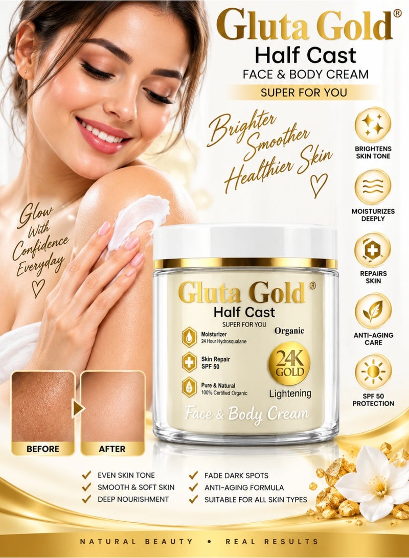 Gluta Gold Half Cast Face & Body Cream with 24K Gold for Lightening & Moisturizing, 500g - Image 2