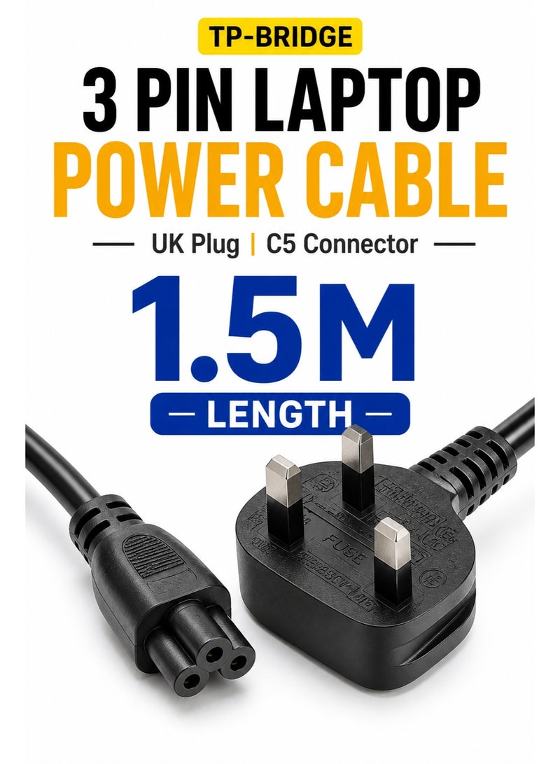 TP-BRIDGE 3 Pin Laptop Power Cable 1.5M | UK Plug Cloverleaf C5 Charger Cord | For Laptop, PC, Printer - Image 1
