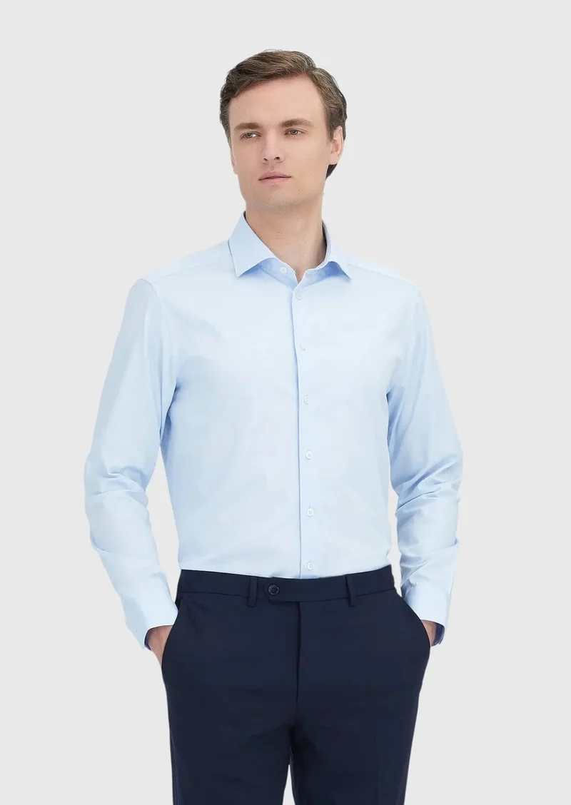 RAMSEY Light Blue Plain Regular Fit Weaving Classical 100% Cotton Shirt