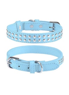BINGPET BA2006 Adjustable Dog Real Split Leather Studded Pet Dog Collar, Durable Doggy Collars for Small Medium Large Dogs - Light Blue L  - Image 1