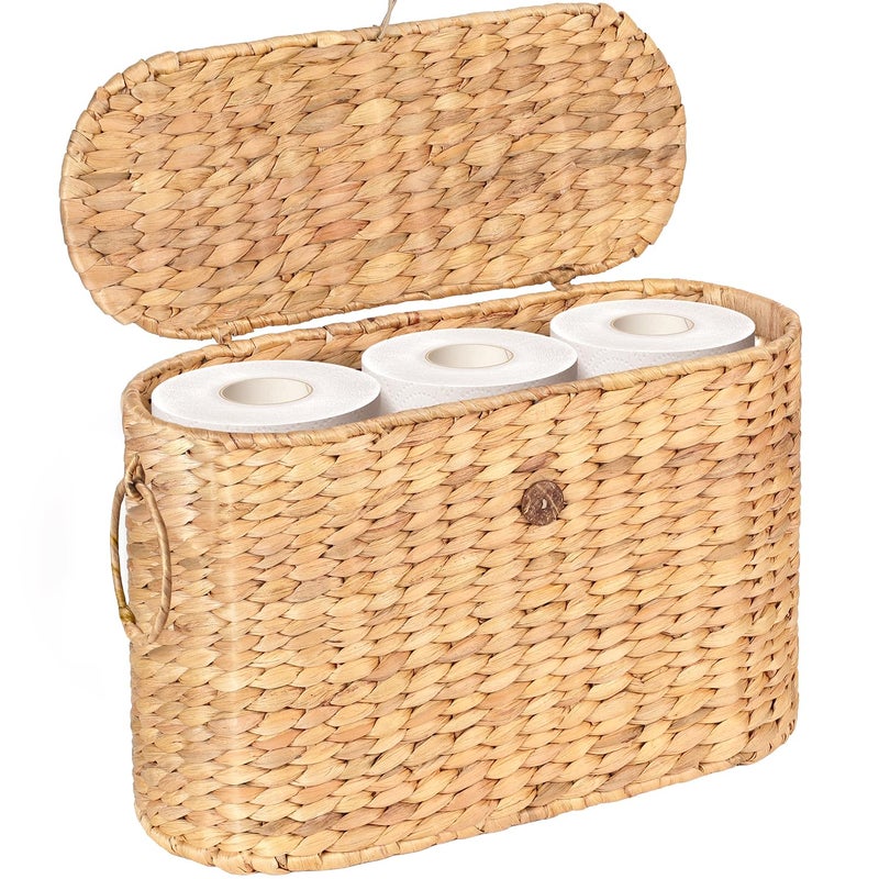 SIEUSALEVN Toilet Paper Storage, Water Hyacinth Baskets with Lid, Toilet Paper Baskets for Storage Holder 6 Rolls, Papers Basket with Built-in Handles for Organizer, Bathroom Accessories Organizer - Image 1