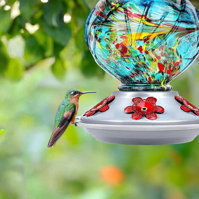 BOLITE Hummingbird Feeder, 24001B Hand Blown Glass Hummingbird Feeders for Outdoors Hanging, 22 Ounce, 5 Feeding Ports with Perch, Peony Flower Shape, Blue - Image 3