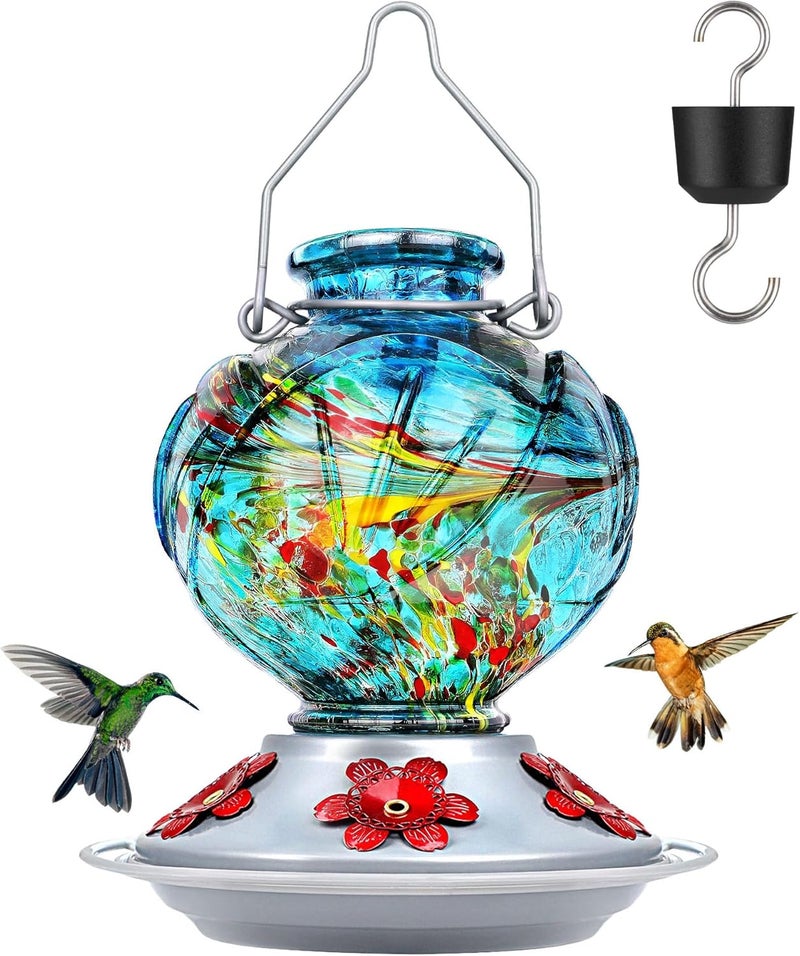 BOLITE Hummingbird Feeder, 24001B Hand Blown Glass Hummingbird Feeders for Outdoors Hanging, 22 Ounce, 5 Feeding Ports with Perch, Peony Flower Shape, Blue - Image 1