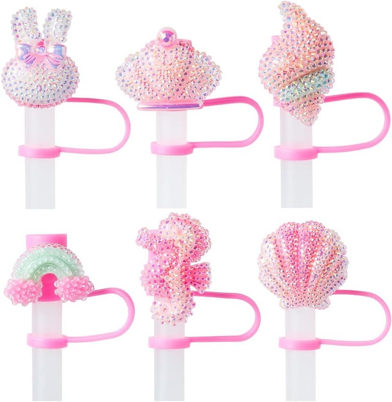 BULKITEM 6Pcs Glitter Pink Straw Cover Cap for Stanley Cup, 10mm Reusable Cute Pink Drinking Straw Topper Accessories, Portable Protector Plugs Decorations Gifts for Kids Party Favors - Image 1