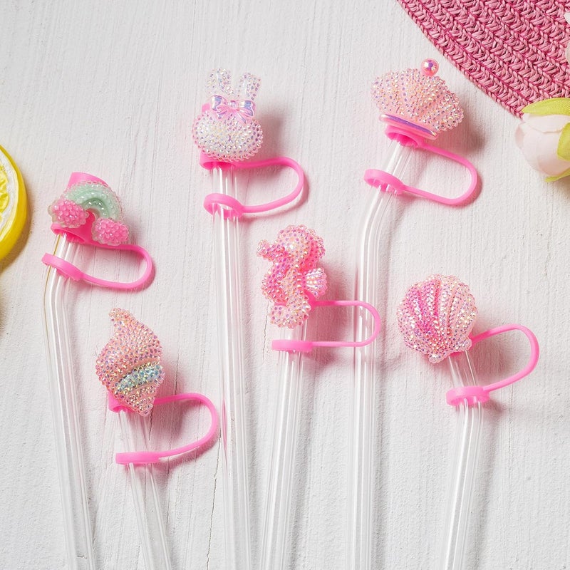 BULKITEM 6Pcs Glitter Pink Straw Cover Cap for Stanley Cup, 10mm Reusable Cute Pink Drinking Straw Topper Accessories, Portable Protector Plugs Decorations Gifts for Kids Party Favors - Image 5