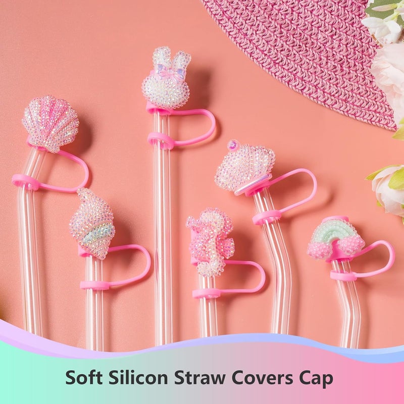 BULKITEM 6Pcs Glitter Pink Straw Cover Cap for Stanley Cup, 10mm Reusable Cute Pink Drinking Straw Topper Accessories, Portable Protector Plugs Decorations Gifts for Kids Party Favors - Image 3