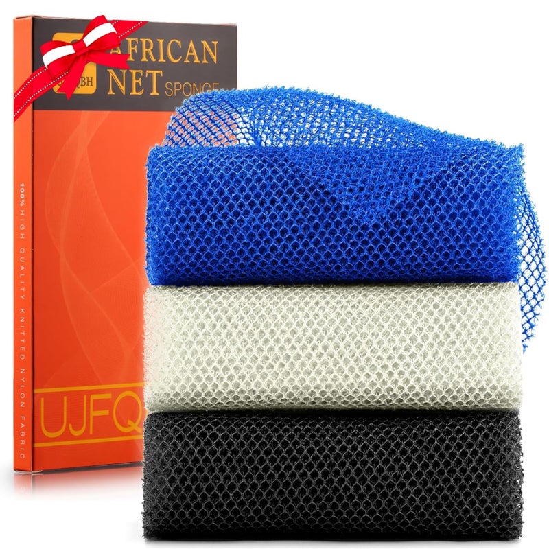 UJFQBH 3 Pieces African Bath Sponge African Net Long Net Bath Sponge Exfoliating Shower Body Scrubber Back Scrubber Skin SmootherGreat for Daily UseBlueBlackOffWhite