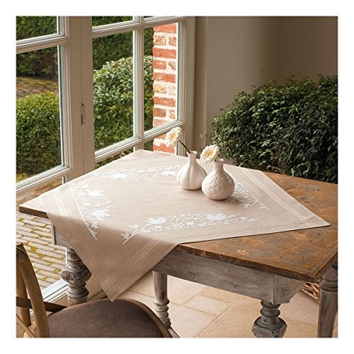 Vervaco Stamped Cross Stitch Tablecloth Kit Singing Birds DIY Embroidery Table Decoration Kit ca. 32" x 32" Art and Craft Supply Creative Activities for Adults Housewarming Gift for Crafters - Image 1