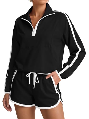 Fisoew Womens 2 Piece Outfits Sets Half Zip V Neck Long Sleeve Pullover Tops Shorts Casual Tennis Running Tracksuits - Image 1