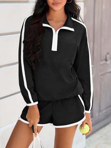 Fisoew Womens 2 Piece Outfits Sets Half Zip V Neck Long Sleeve Pullover Tops Shorts Casual Tennis Running Tracksuits - Image 2
