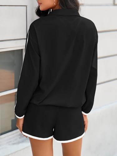 Fisoew Womens 2 Piece Outfits Sets Half Zip V Neck Long Sleeve Pullover Tops Shorts Casual Tennis Running Tracksuits - Image 4