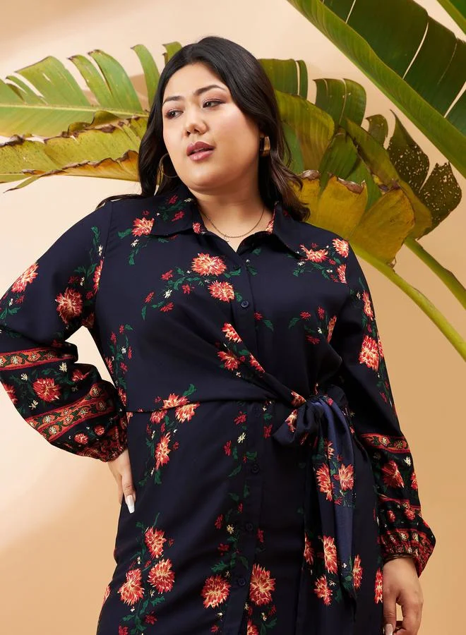 ساسافراس Plus Floral Print Tie Up Detail Shirt Dress by Styli