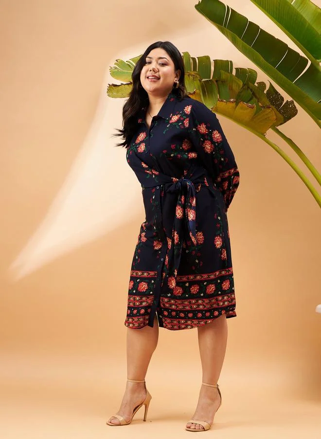 ساسافراس Plus Floral Print Tie Up Detail Shirt Dress by Styli