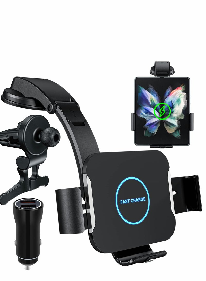 Fast Wireless Car Charger with Dual Coils - 15W Qi Holder for Samsung Galaxy Z Fold 4/3, iPhone 14/13, S22 Ultra/S21, Air Vent & Dashboard Mount - Image 1